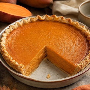 Puede incluir: Una tarta de batata redonda con una corteza dorada y ondulada y un relleno naranja suave y vibrante. Se ha retirado una porción triangular de la tarta, revelando la textura densa y uniforme del relleno dentro de la base de masa.