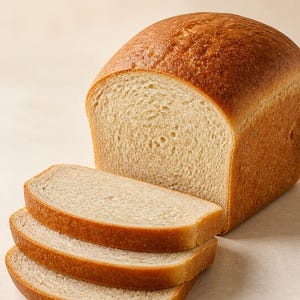 Op de afbeelding: Een goudbruin gebakken brood met een gladde, afgeronde korst. Drie gelijke sneden brood liggen voor het brood, waardoor een lichtgekleurde, poreuze kruimelstructuur in het binnenste van de sneden zichtbaar wordt.