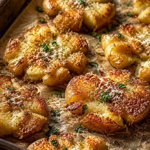 May include: Several golden-brown smashed potatoes arranged on a baking sheet. Each potato has a crispy, flattened texture with visible cracks, topped with a light dusting of grated white cheese, black pepper, and small flecks of green parsley.