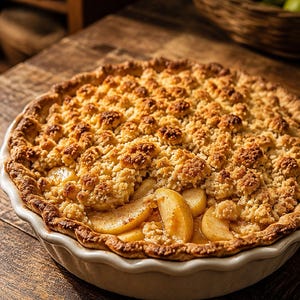 Puede incluir: Una tarta de manzana redonda en un plato de cerámica blanco con borde festoneado. La tarta presenta una cobertura crujiente dorada sobre rodajas de manzana con canela. La masa está ondulada a lo largo del borde del plato.