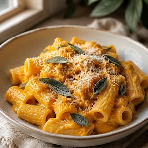 Può includere: Una ciotola di pasta rigatoni ricoperta da una salsa cremosa arancione, guarnita con formaggio grattugiato, pepe nero macinato e diverse foglie di salvia verde fresca. La pasta è servita in una ciotola di ceramica chiara con bordo testurizzato.