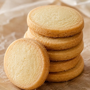 Op de afbeelding: Een stapel van zes ronde, goudbruine zandkoekjes met een licht getextureerd oppervlak. Eén koekje staat rechtop op de voorgrond, terwijl de andere vijf er horizontaal achter zijn gestapeld, wat hun uniforme dikte en randen laat zien.