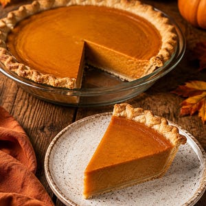 Puede incluir: Una tarta de calabaza con corteza dorada y ondulada en un molde de cristal transparente, con un relleno naranja suave. Una porción triangular de la tarta se sirve en un plato de cerámica de color blanco roto con motas y textura rústica.