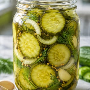 Può includere: Un barattolo di vetro trasparente riempito con fette di cetriolo verde sottaceto in salamoia. Il composto include fette di cipolla bianca, rametti di aneto verde fresco, piccoli semi di senape gialli e grani di pepe nero immersi.