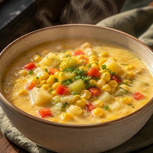 May include: A steaming bowl of creamy corn chowder featuring yellow corn kernels, diced white potatoes, small red bell pepper pieces, and green celery chunks in a thick, pale yellow broth, garnished with finely chopped fresh green chives.