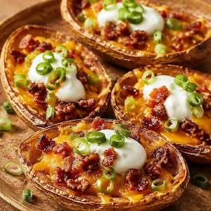 Puede incluir: Cuatro pieles de patata rellenas de queso cheddar naranja fundido, cubiertas con trozos de bacon marrón crujiente, una cucharada de crema agria blanca y cebollino verde picado. Las pieles tienen un exterior texturizado de color marrón.