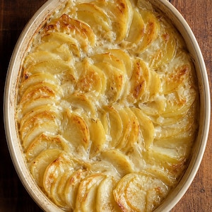 May include: An oval ceramic baking dish filled with thinly sliced, layered potatoes in a creamy white sauce. The top layer of potatoes is golden brown and slightly crisp from baking, arranged in overlapping rows within the light-colored dish.