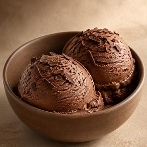 Peut inclure: Deux boules arrondies de glace au chocolat brun foncé servies dans un bol brun mat simple. La surface de chaque boule est texturée et garnie de petits copeaux de chocolat noir fins et irréguliers dispersés sur le dessus du dessert.