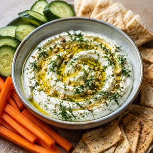 May include: A bowl of creamy white dip swirled with olive oil, topped with chopped green herbs and crushed nuts. The dip is served with sliced cucumbers, orange carrot sticks, and triangular toasted crackers arranged around the bowl.