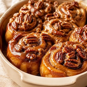 Op de afbeelding: Een groep goudbruine kaneelbroodjes gerangschikt in een lichtgekleurde keramische ovenschaal. Elk spiraalvormig gebakje is bedekt met hele pecannoten en een glanzend, amberkleurig karamelglazuur dat langs de zijkanten van de broodjes naar beneden druipt.