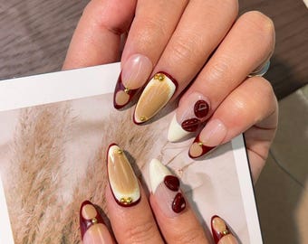 Handmade Cafe Au Lait Jelly Press On Nails | Coffee Bean (Medium Almond)