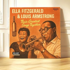 Puede incluir: Una portada de álbum naranja con Ella Fitzgerald y Louis Armstrong, con el texto "Their Greatest Songs Together". La portada tiene un diseño vintage, con los músicos, un micrófono y una trompeta.