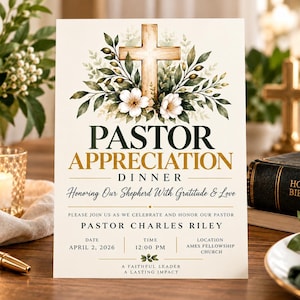 May include: A Pastor Appreciation Dinner invitation card featuring a watercolor illustration of a wooden cross surrounded by green leaves and white flowers. The text reads Pastor Appreciation Dinner, Honoring Our Shepherd With Gratitude & Love, Pastor Charles Riley, April 2, 2026, 12:00 PM, Ames Fellowship Church, A Faithful Leader A Lasting Impact.