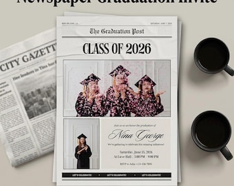 Newspaper Graduation Invitation | Class of 2026 Photo Grad Announcement | High School College | Editable Canva