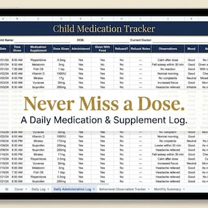 May include: A digital tablet displaying a Child Medication Tracker spreadsheet with columns for date, time, medication, dose, and notes. The screen features the text Never Miss a Dose. A Daily Medication & Supplement Log. The interface includes tabs for daily logs and summaries.