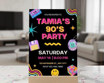 90s Party Invitation | Retro 1990s Theme Invite | Neon Throwback Birthday | Cassette Tape Party | Editable Canva
