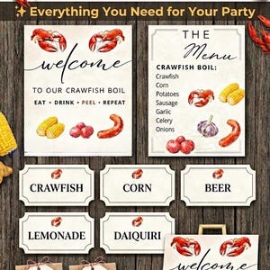 Könnte beinhalten: Ein Party-Bundle zum Thema Crawfish Boil. Enthält Willkommensschilder, Menüs und Etiketten für Langusten, Mais, Kartoffeln, Würstchen, Knoblauch, Sellerie und Zwiebeln. Enthält auch Dankeschön-Geschenktüten.