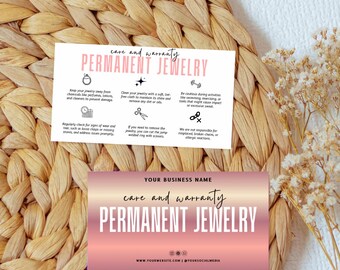 Modello di scheda di cura permanente per gioielli / Scheda di garanzia modificabile / Biglietto da visita per gioielleria / Modello Canva