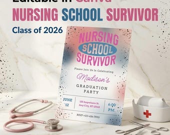 Nursing School Survivor Invitation | RN BSN LPN Nurse Grad Party Invite | Pinning Ceremony | Editable Canva