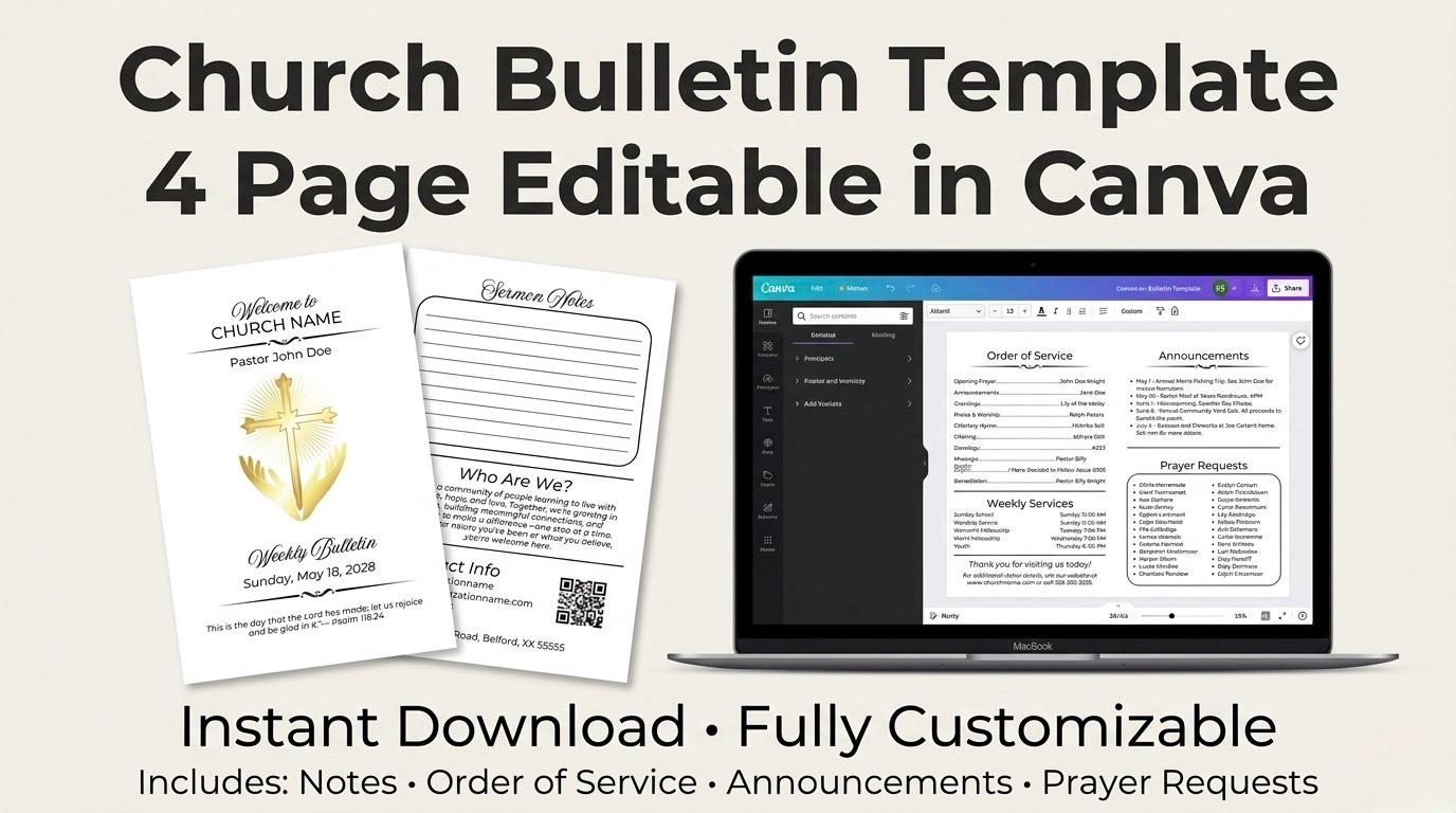 Sunday Program Bulletin Church Bulletin Template Editable Canva | 4 Page Sunday Service Program ...