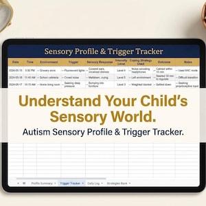 May include: A digital tablet displaying a Sensory Profile & Trigger Tracker spreadsheet. The screen features columns for date, time, environment, trigger, sensory response, intensity level, coping strategy, outcome, and notes. Text reads: Understand Your Child's Sensory World. Autism Sensory Profile & Trigger Tracker.