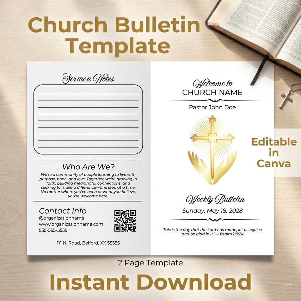 Sunday Program Bulletin Church Bulletin Template Editable Canva | 4 Page Sunday Service Program ...