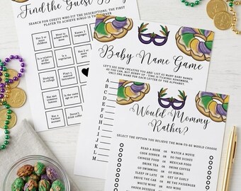 Mardi Gras Baby Shower Games | 10 Printable Game Bundle | New Orleans Krewe Baby Shower | Purple Green Gold