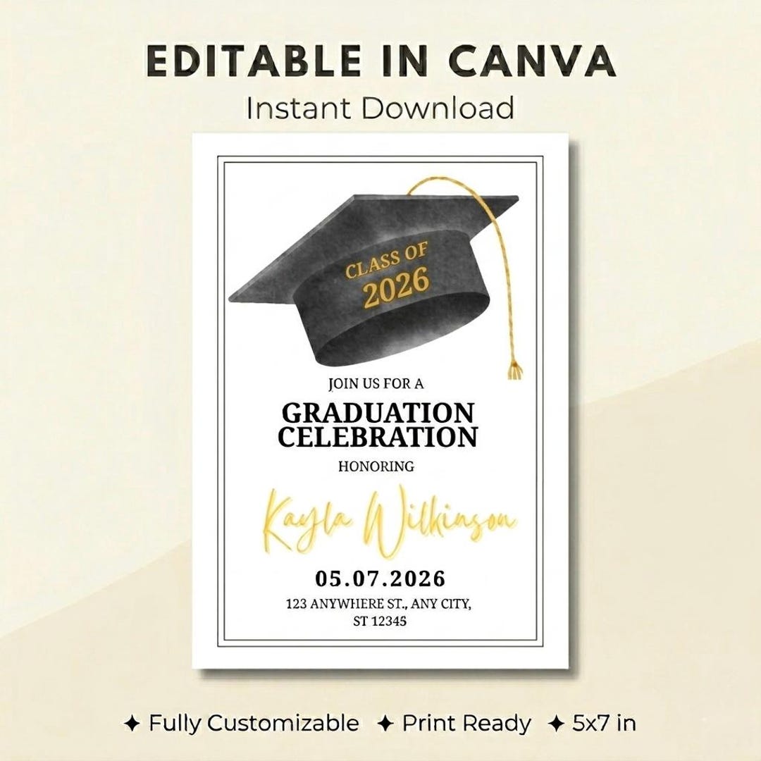 Black Cap Graduation Invitation | Class of 2026 Black Gold Grad Party ...