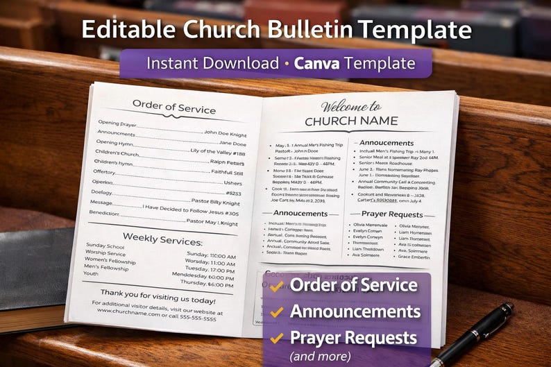 Sunday Program Bulletin Church Bulletin Template Editable Canva | 4 Page Sunday Service Program ...