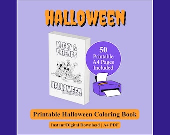 May include: A Halloween-themed digital coloring book with the text "Micky & Friends" and "Halloween Coloring Book." The image includes a purple circle with "50 Printable A4 Pages Included." The words "HALLOWEEN" and "Printable Halloween Coloring Book" are also visible.