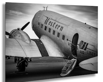 Fotografía en blanco y negro del avión vintage DC3 de Western Airlines, arte mural de aviación, impresión de aviones históricos, decoración de aviones retro