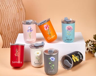 Personalised Bridesmaid Flower Design Tumbler with Name, Custom Stainless Steel Travel Mug with Lid, Insulated Water Bottle, Coffee Cup
