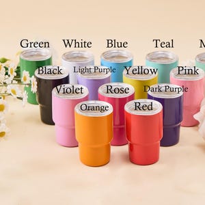 May include: A collection of insulated tumblers in various colors, including green, white, blue, teal, and mint. Each tumbler has a silver rim and is labeled with its color name. The tumblers are arranged with floral accents.