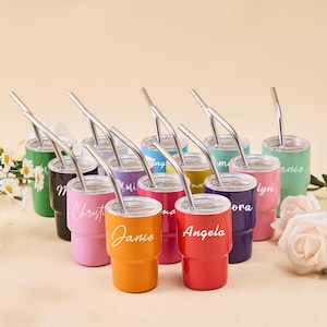 May include: A collection of colorful insulated tumblers with stainless steel straws. Each tumbler is a different color, including green, pink, orange, and blue, and has a name in white script. The tumblers are arranged on a light beige surface.