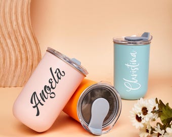 Personalized Stainless Steel Coffee Cup with Lid, Bridesmaid Name Tumbler, Custom Minimalist Name Travel Mug, Wine Tumbler, Anniversary Gift