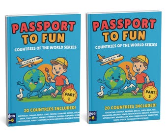 Pasaporte a la diversión: Países del mundo (Partes 1 y 2) 40 páginas para colorear de países para niños de 1 a 6 años Libros para colorear - SOLO DESCARGA DIGITAL