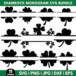 Puede incluir: Paquete SVG de monogramas de tréboles negros con 11 diseños. Cada diseño presenta un elemento de trébol o trébol con una barra horizontal para la personalización. Incluye formatos de archivo SVG, PNG, JPG, DXF y EPS.