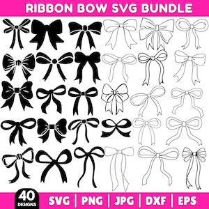 Könnte beinhalten: Eine Sammlung von 40 Schleifendesigns in den Formaten SVG, PNG, JPG, DXF und EPS. Die Schleifen sind in Schwarz und Weiß gehalten, mit verschiedenen Stilen, darunter Voll- und Umrissdesigns. Der Text "RIBBON BOW SVG BUNDLE" steht oben, und "40 DESIGNS" steht unten.