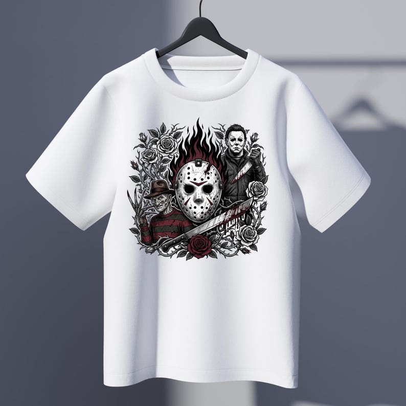 May include: A white short-sleeve t-shirt featuring a graphic print of a hockey mask, a character in a striped sweater with a clawed glove, and a character in a dark jumpsuit holding a knife, all surrounded by dark roses and thorny vines.