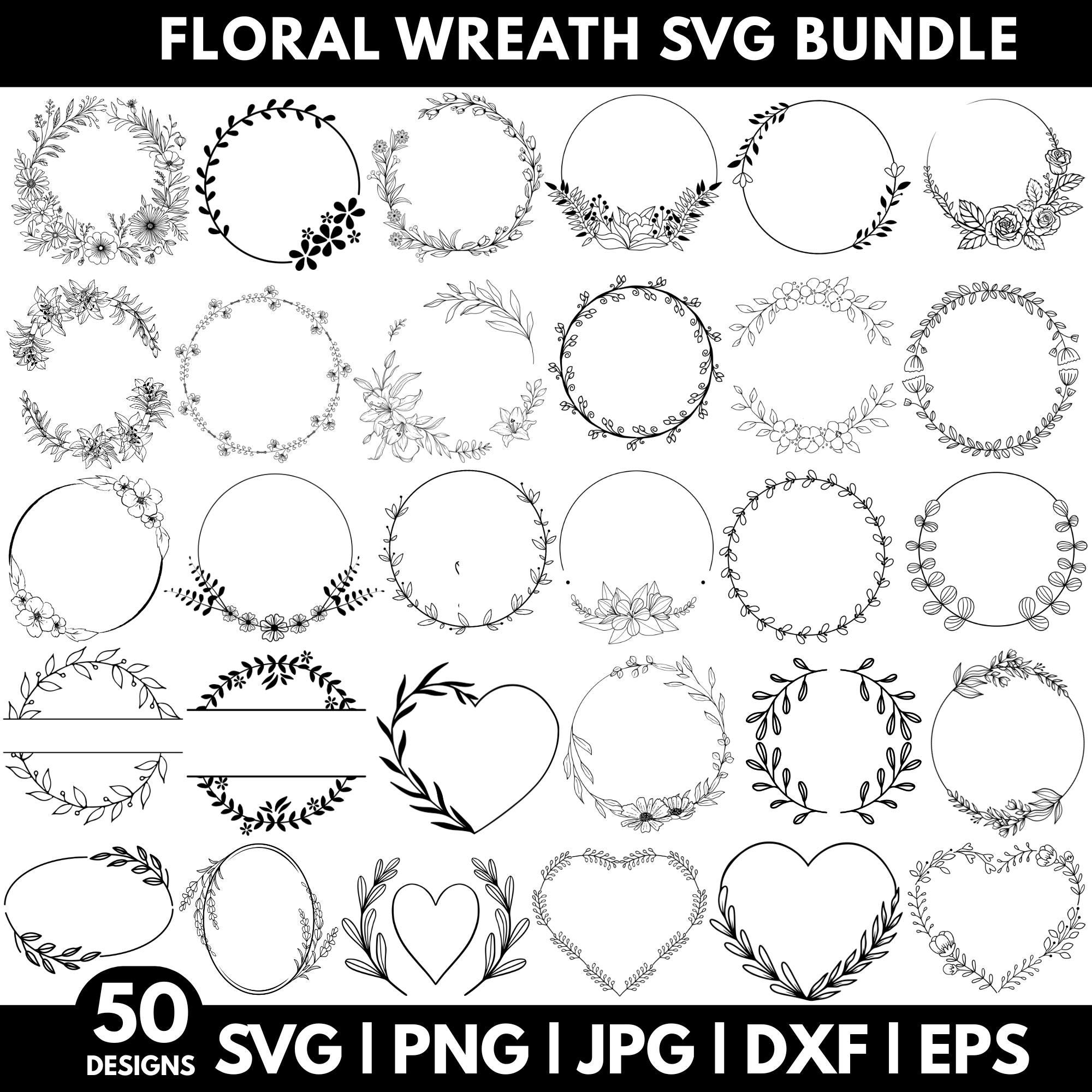 Floral Wreath SVG Bundle, Circle Frame Clipart, Botanical Wreath Svg ...