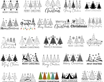 Op de afbeelding: Een bundel van meer dan 40 kerst-SVG-ontwerpen. De ontwerpen bevatten kerstbomen, de woorden "Merry Christmas" en andere feestelijke afbeeldingen. Beschikbaar in SVG-, PNG-, JPG-, DXF- en EPS-formaten.
