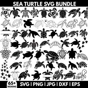 Może przedstawiać: Cyfrowy pakiet zawierający ponad 65 wzorów żółwi morskich w czerni i bieli. Obraz zawiera różne style żółwi, od sylwetek po szczegółowe ilustracje, a także tekst "SEA TURTLE SVG BUNDLE" i opcje typu pliku.