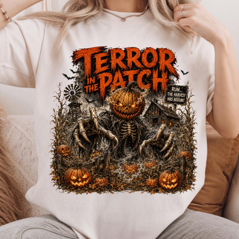 May include: A cream-colored t-shirt featuring a graphic print of a skeletal creature with a pumpkin head in a field. The text reads "TERROR IN THE PATCH" and "RUN... THE HARVEST HAS BEGUN". The design includes a windmill, a barn, and several jack-o'-lanterns.