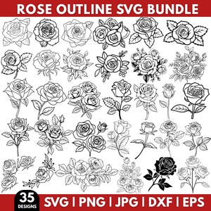 Può includere: Una collezione di 35 disegni di rose in formato SVG, PNG, JPG, DXF ed EPS. Le illustrazioni in bianco e nero raffigurano varie composizioni floreali, tra cui singoli fiori e bouquet. Il testo "ROSE OUTLINE SVG BUNDLE" è in alto.