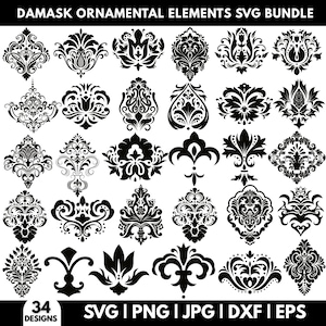 May include: A collection of 34 black damask ornamental designs in various styles. The image includes the text "DAMASK ORNAMENTAL ELEMENTS SVG BUNDLE" and file type options: SVG, PNG, JPG, DXF, and EPS.