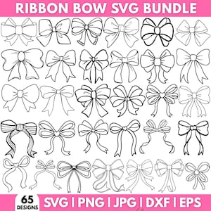 May include: A collection of 65 black and white ribbon bow designs in various styles. The image includes the text "RIBBON BOW SVG BUNDLE" at the top and "65 DESIGNS SVG | PNG | JPG | DXF | EPS" at the bottom, indicating digital files.