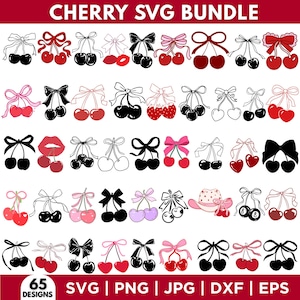 Cherry SVG Bundle, Cute Bow Cherry Clipart, Cute Cherry PNG, Coquette Aesthetic SVG, Cricut Cut Files, Digital Download