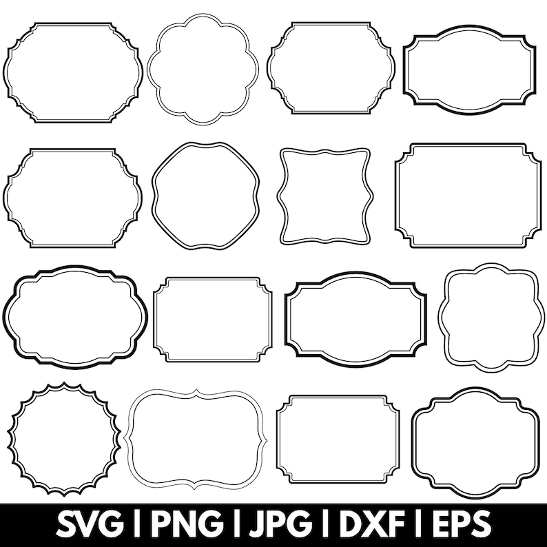 May include: Sixteen black and white decorative frame designs in various shapes, including oval, rectangular, and scalloped edges. The frames are outlined with a thick black border and have a white interior. The bottom of the image displays the text "SVG | PNG | JPG | DXF | EPS."