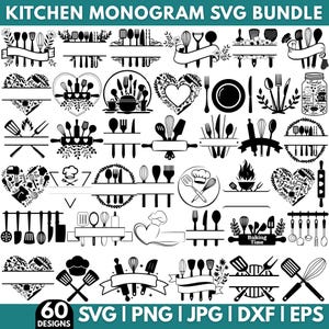 Könnte beinhalten: Eine Sammlung von 60 Küchen-Designs im SVG-Format in Schwarz-Weiß. Die Designs umfassen verschiedene Küchenutensilien, Kochmützen, Nudelrollen und dekorative Elemente. Der Text auf dem Bild lautet "KITCHEN MONOGRAM SVG BUNDLE" und "60 DESIGNS".