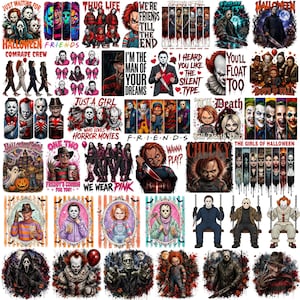 May include: A collection of horror movie character designs featuring Chucky, Michael Myers, Freddy Krueger, Jason Voorhees, Pennywise, and Ghostface. The graphics include various text phrases like 'Just Waiting For Halloween', 'Thug Life', 'We're Friends Till The End', and 'You'll Float Too' in colourful, detailed illustrations.